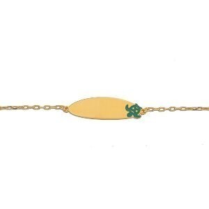 Bracelet Identité Or 375 Maille Forçat Diamanté 1mm Tortue Email Vert 14  à 16mm