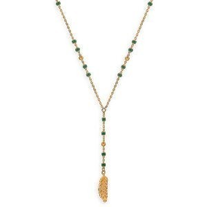 Collier Acier Jaune Chaîne 1.5mm Pend 65mm Boules 3mm Email Vert Feuille 6.5*19mm 42  à 45cm