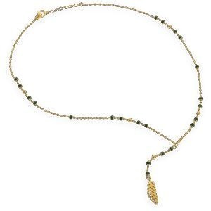 Collier Acier Jaune Chaîne 1.5mm Pend 65mm Boules 3mm Email Vert Feuille 6.5*19mm 42  à 45cm