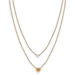Collier Acier Jaune Double Rangs Perle Synthétique 4.5mm Cœur 7mm 38  à 43cm