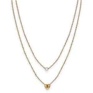 Collier Acier Jaune Double Rangs Perle Synthétique 4.5mm Cœur 7mm 38  à 43cm