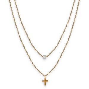Collier Acier Jaune Double Rangs Perle Synthétique 4.5mm Croix 7*10mm 38  à 43cm