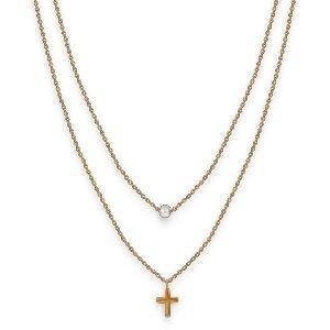 Collier Acier Jaune Double Rangs Perle Synthétique 4.5mm Croix 7*10mm 38  à 43cm