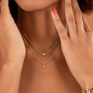 Collier Acier Jaune Double Rangs Perle Synthétique 4.5mm Croix 7*10mm 38  à 43cm