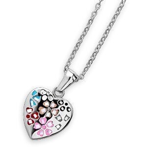 Collier Acier Cœur 14.5*22mm Email Multicolore 42 A 45cm