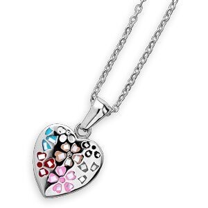 Collier Acier Cœur 14.5*22mm Email Multicolore 42 A 45cm