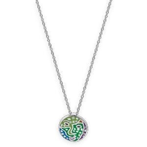 Collier Acier Motif 16mm Email Vert Bleu 42 A 45cm