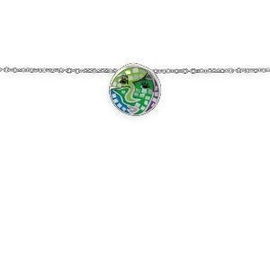Collier Acier Motif 16mm Email Vert Bleu 42 A 45cm