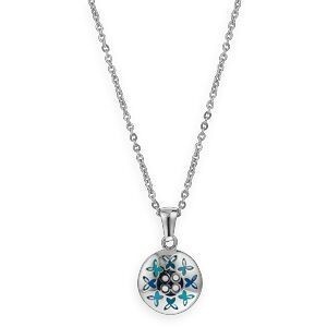 Collier Acier Motif 14.5mm Email Bleu 42 A 45cm
