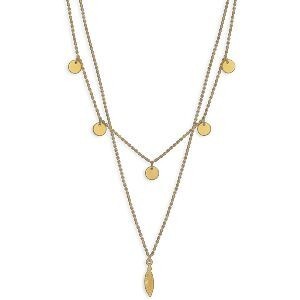 Collier Acier Jaune Double Rangs Pastilles 6mm Plume 4*14mm 40  à 45cm