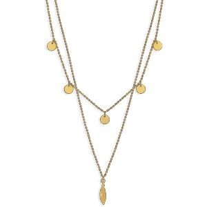 Collier Acier Jaune Double Rangs Pastilles 6mm Plume 4*14mm 40  à 45cm