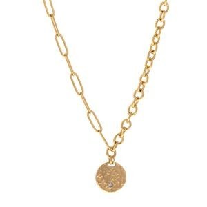 Collier Acier Jaune Motif Martelée Cristal 15mm 45  à 50cm