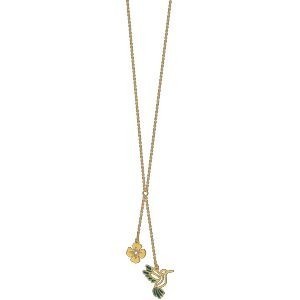 Collier Or 375 0.80mm  Fleur 6mm Colibri Email Vert 12*12mm 42cm