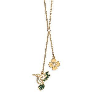Collier Or 375 0.80mm  Fleur 6mm Colibri Email Vert 12*12mm 42cm