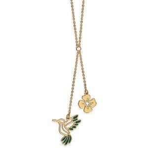 Collier Or 375 0.80mm  Fleur 6mm Colibri Email Vert 12*12mm 42cm