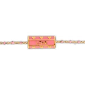 Collier Plaqué Or 42  à 45cm Talisman 20*8mm Love Email Et Bille Résine Rose