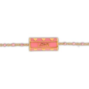 Collier Plaqué Or 42  à 45cm Talisman 20*8mm Love Email Et Bille Résine Rose