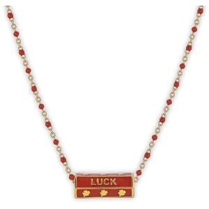Collier Plaqué Or 42  à 45cm Talisman 20*8mm Luck Email Et Bille Résine Rouge
