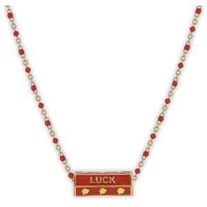 Collier Plaqué Or 42  à 45cm Talisman 20*8mm Luck Email Et Bille Résine Rouge