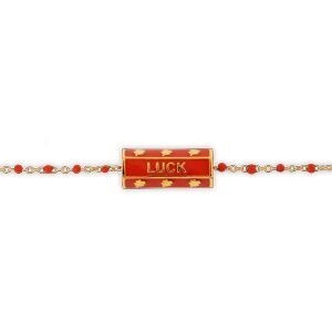 Collier Plaqué Or 42  à 45cm Talisman 20*8mm Luck Email Et Bille Résine Rouge