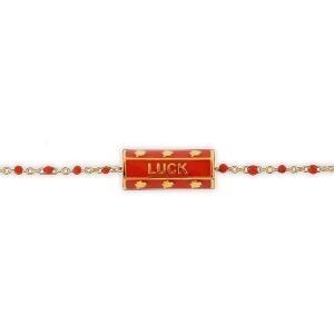 Collier Plaqué Or 42  à 45cm Talisman 20*8mm Luck Email Et Bille Résine Rouge