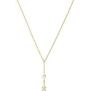 Collier Y Plaqué Or Zirconium Serti Griffes 5 à 7mm Pendant 45mm Chaîne 1.2mm 38 à 42cm