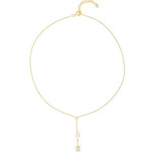 Collier Y Plaqué Or Zirconium Serti Griffes 5 à 7mm Pendant 45mm Chaîne 1.2mm 38 à 42cm