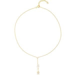 Collier Y Plaqué Or Zirconium Serti Griffes 5 à 7mm Pendant 45mm Chaîne 1.2mm 38 à 42cm