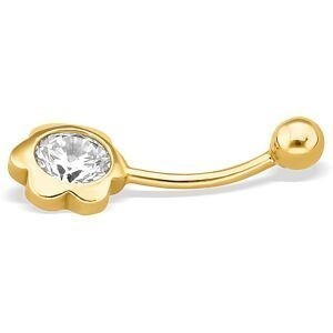 Piercing Nombril Or 375 23mm Tige1.2mm Fleur Zircon8.5mm Boule4mm