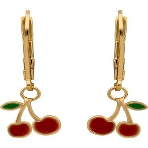 Boucles D'oreilles Plaqué Or Cerises Email Vert Rouge Pendant 25mm