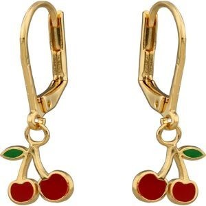 Boucles D'oreilles Plaqué Or Cerises Email Vert Rouge Pendant 25mm