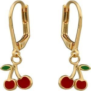Boucles D'oreilles Plaqué Or Cerises Email Vert Rouge Pendant 25mm