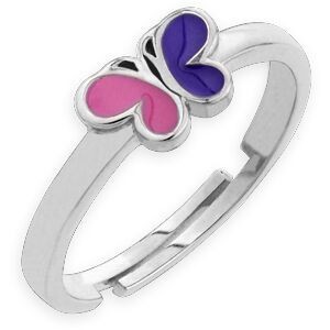 Bague Ajustable Argent 925 Papillon 8*5.5mm Email Rose Violet Corps 2mm