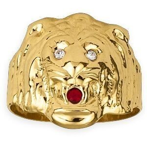 Chevalière Or 750 Tête De Lion 20mm Cristal Blanc Rouge Corps 6mm Au Plus Etroit Taille 67