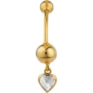 Piercing Nombril Or 375 20mm Tige1.2mm Cœur Zircon5mm Boules4  à 6mm