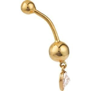 Piercing Nombril Or 375 20mm Tige1.2mm Cœur Zircon5mm Boules4  à 6mm