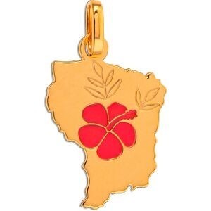 Pendentif Or 750 Carte Guyane Hibiscus Email Orange 12*20mm Avec Bélière