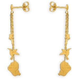 Boucles D'oreilles Pendant 38mm Carte Guyane Palmier Colibri Or 750
