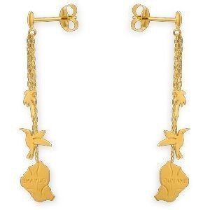 Boucles D'oreilles Pendant 38mm Carte Guyane Palmier Colibri Or 750