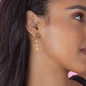 Boucles D'oreilles Pendant 38mm Carte Guyane Palmier Colibri Or 750