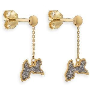 Boucles D'oreilles Or 375 Pendant 20mm Carte Guadeloupe Email Pailleté 9.5*6.5mm