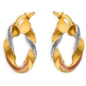 Créoles Or 375 Tricolores Torsadées Lisses Et Satinées 17mm Tube 3mm