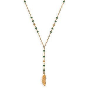 Collier Acier Jaune Chaîne 1.5mm Pend 65mm Boules 3mm Email Vert Feuille 6.5*19mm 42  à 45cm