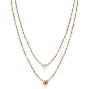 Collier Acier Jaune Double Rangs Perle Synthétique 4.5mm Cœur 7mm 38  à 43cm