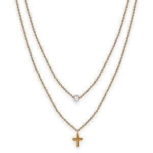 Collier Acier Jaune Double Rangs Perle Synthétique 4.5mm Croix 7*10mm 38  à 43cm