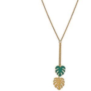 Collier Or 375 Chaîne 0.8mm Feuilles Palmier 10*11mm Email Verte 9*10mm 42cm