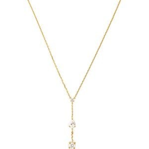 Collier Y Plaqué Or Zirconium Serti Griffes 5 à 7mm Pendant 45mm Chaîne 1.2mm 38 à 42cm