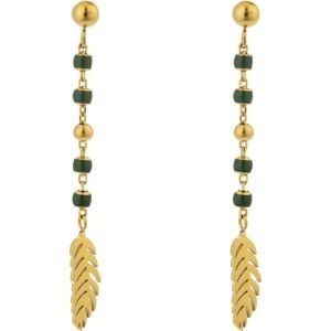 Boucles D'oreilles Acier Jaune Pendant 45mm Boules 3mm Email Vert Feuille 4.5*14mm