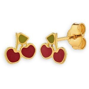 Boucles D'oreilles Cerises Email Rouge Et Vert 4*5.2mm Or 750