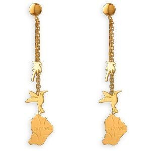 Boucles D'oreilles Pendant 38mm Carte Guyane Palmier Colibri Or 750